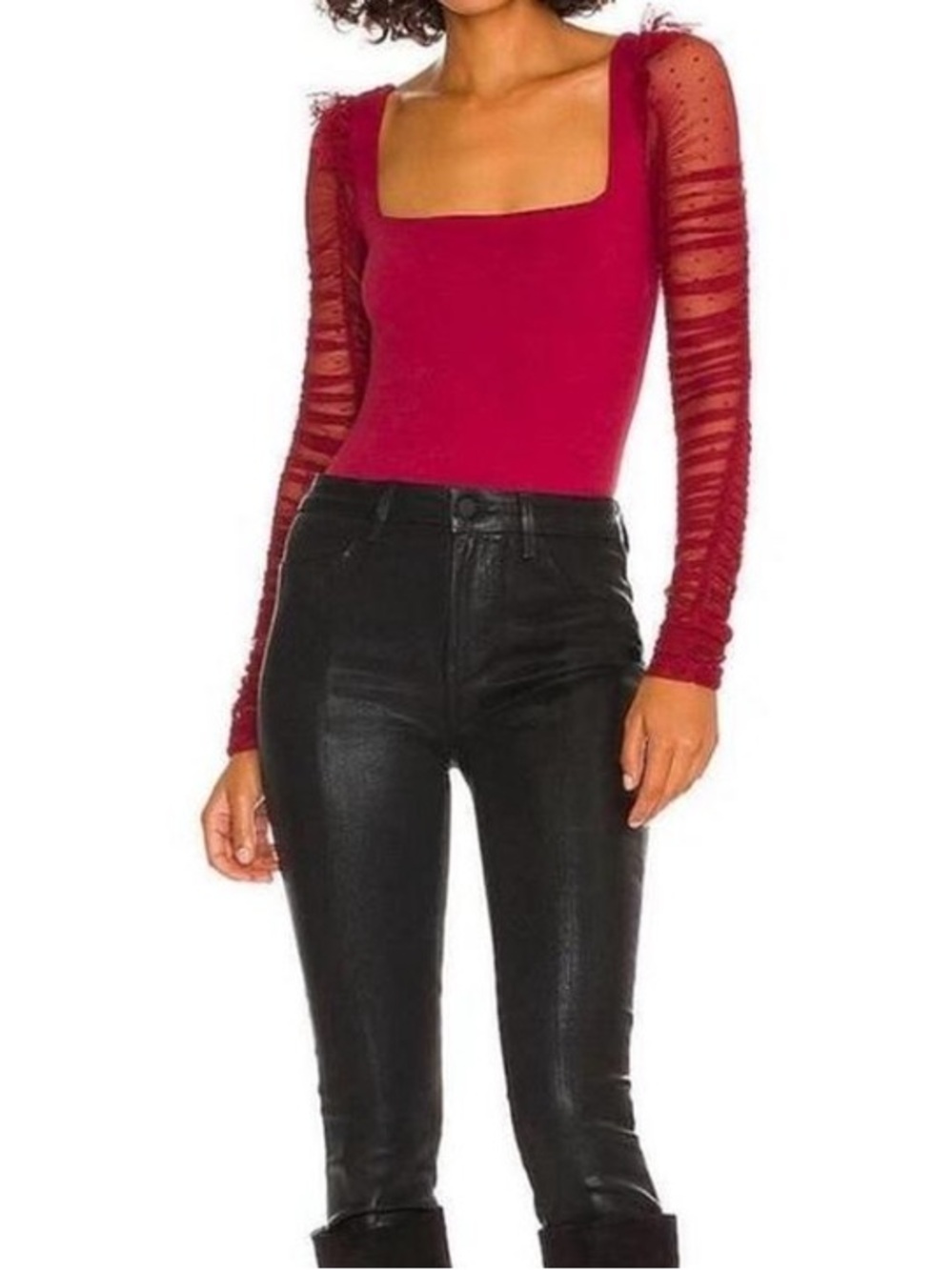 NWT Free People Must Be Love Burgundy Sheer Sleeve Dark Romantic Bodysuit